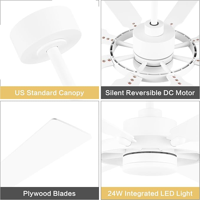 80 Inch Ceiling Fan with Lights and 3 Downrods, 8 Plywood Blades, 6-Speed Noiseless Reversible DC Motor, 3CCT, Windmill