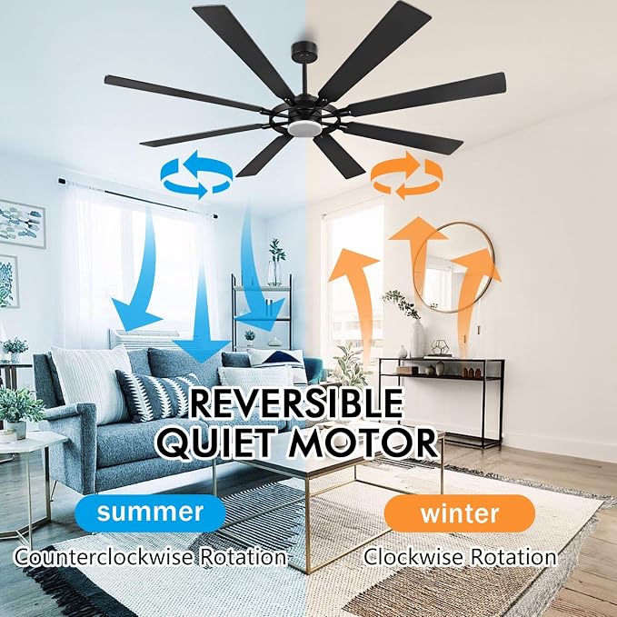 80 Inch Ceiling Fan with Lights and 3 Downrods, 8 Plywood Blades, 6-Speed Noiseless Reversible DC Motor, 3CCT, Windmill