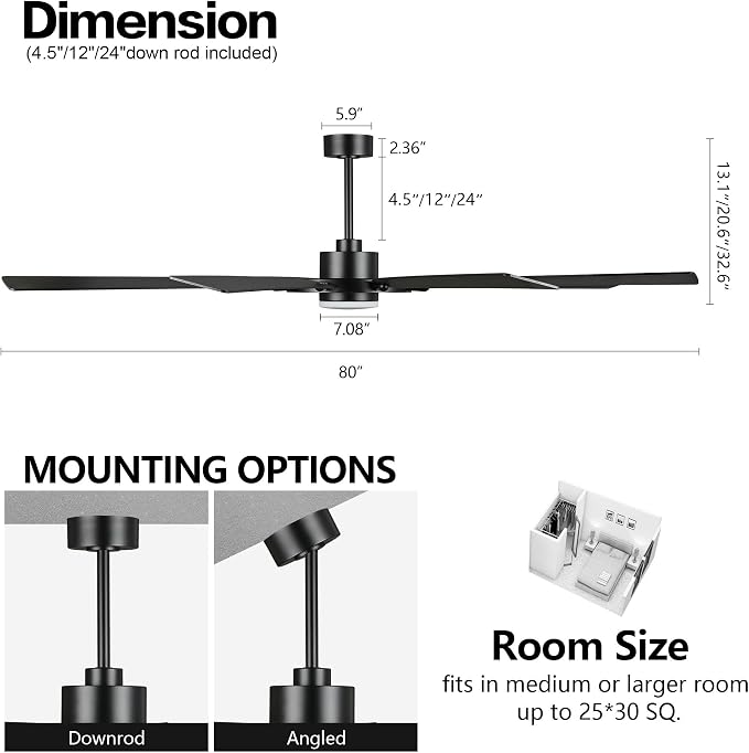 80 Inch Ceiling Fan with Lights and 3 Downrods, 8 Plywood Blades, 6-Speed Noiseless Reversible DC Motor, 3CCT, Windmill