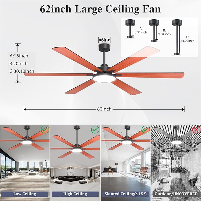 80 Inch Ceiling Fans with Lights and Remote Control, Indoor/Outdoor Flush Mount Low Profile, Commercial Reversible Dimmable