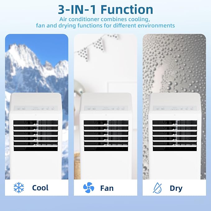 8000 BTU 3-in-1 Portable Air Conditioner – Efficient Cooling, Dehumidifier & Fan – Ultra Quiet Operation for Rooms Up to 350