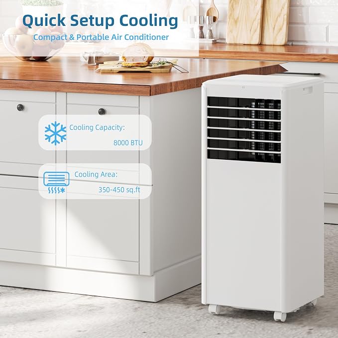 8000 BTU 3-in-1 Portable Air Conditioner – Efficient Cooling, Dehumidifier & Fan – Ultra Quiet Operation for Rooms Up to 350