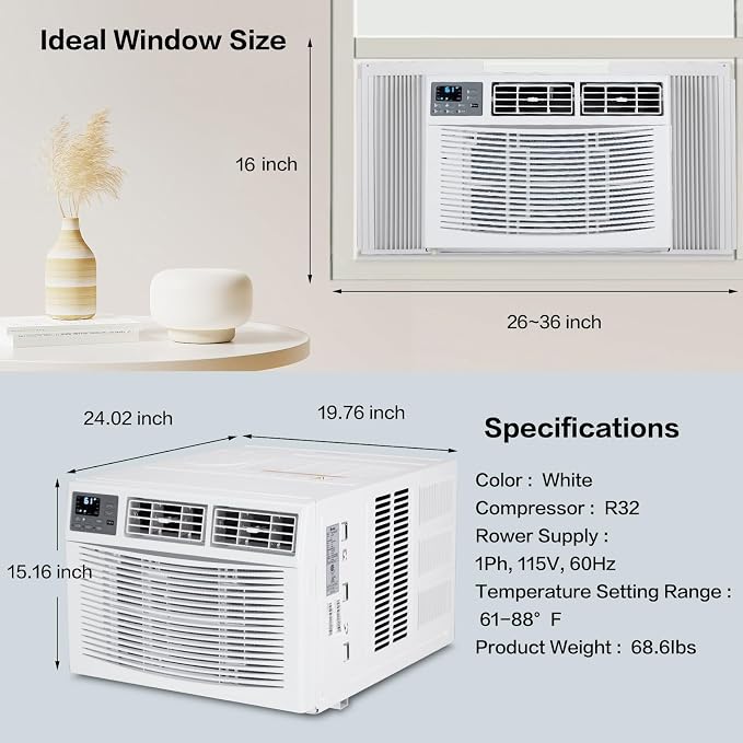 8000 BTU Air Conditioner Window Unit with Heat, 4-in-1 Window AC Unit Cooler, Heater, Dehumidifier & Fan with Timer