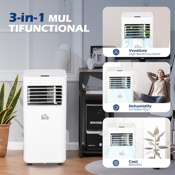 8000 BTU Mobile Portable Air Conditioner for Rooms Up to 344 Sq.Ft., 3-in-1 AC Unit with Dehumidifier, Cooling Fan, Remote