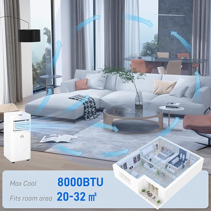 8000 BTU Mobile Portable Air Conditioner for Rooms Up to 344 Sq.Ft., 3-in-1 AC Unit with Dehumidifier, Cooling Fan, Remote