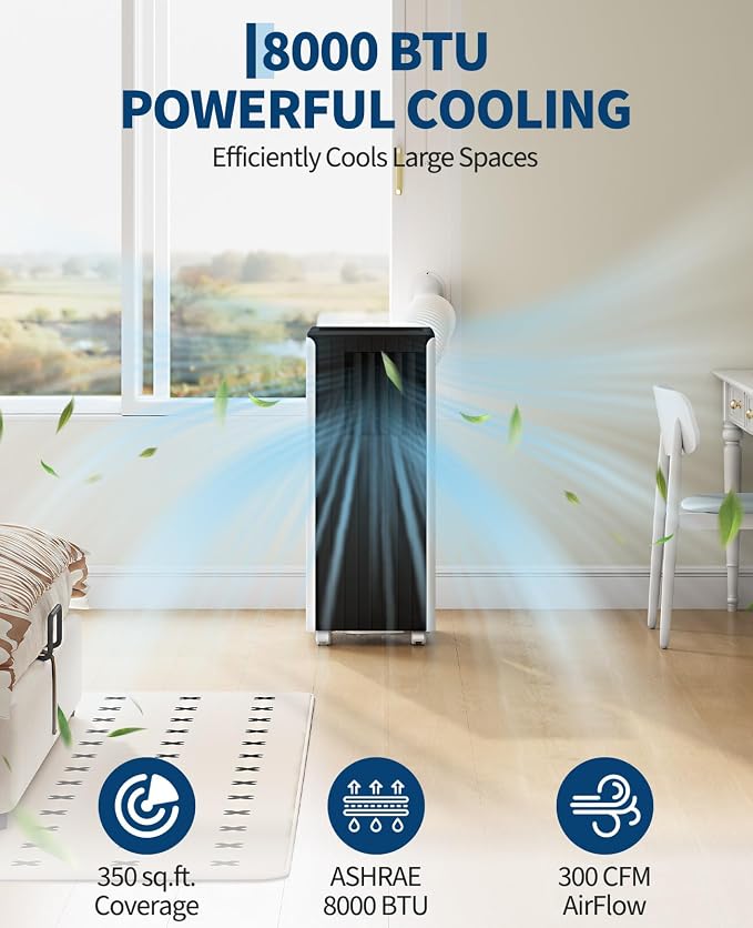 8000 BTU Portable Air Conditioner, 3-in-1 Cooling, Dehumidifier & Fan for Rooms Up to 350 Sq. Ft. | Sleep Mode |