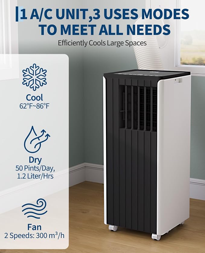 8000 BTU Portable Air Conditioner, 3-in-1 Cooling, Dehumidifier & Fan for Rooms Up to 350 Sq. Ft. | Sleep Mode |