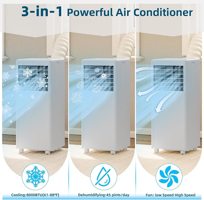 8000 BTU Portable Air Conditioner 3 in 1 Cooling Dehumidifier Fan for Rooms Up to 350 Sq ft, Quiet AC Unit with 24H Timer
