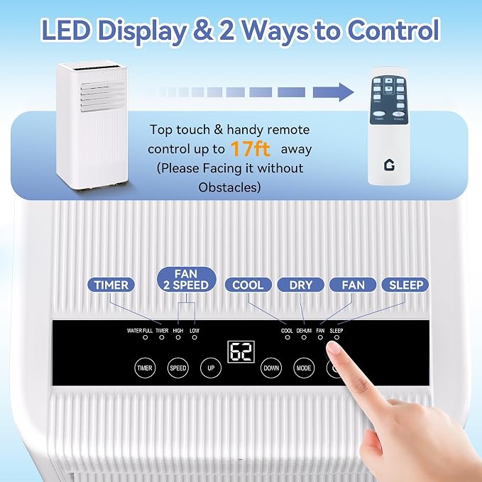 8000 BTU Portable Air Conditioner - 3 in-1 Cooling Unit with Remote, LED Display & 24H Timer, Free Standing AC for Rooms Up