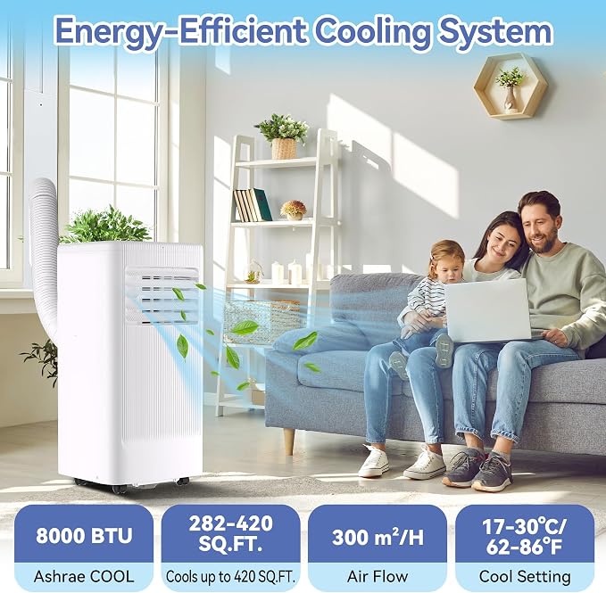 8000 BTU Portable Air Conditioner - 3 in-1 Cooling Unit with Remote, LED Display & 24H Timer, Free Standing AC for Rooms Up