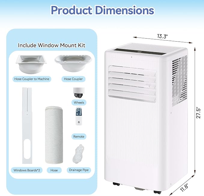 8000 BTU Portable Air Conditioner - 3 in-1 Cooling Unit with Remote, LED Display & 24H Timer, Free Standing AC for Rooms Up