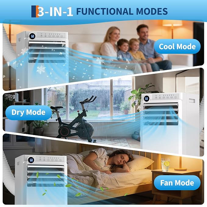 8000 BTU Portable Air Conditioner, 3-in-1 Portable AC for Rooms to 350 Sq. Ft. with Cooling, Dehumidifier & Fan Modes