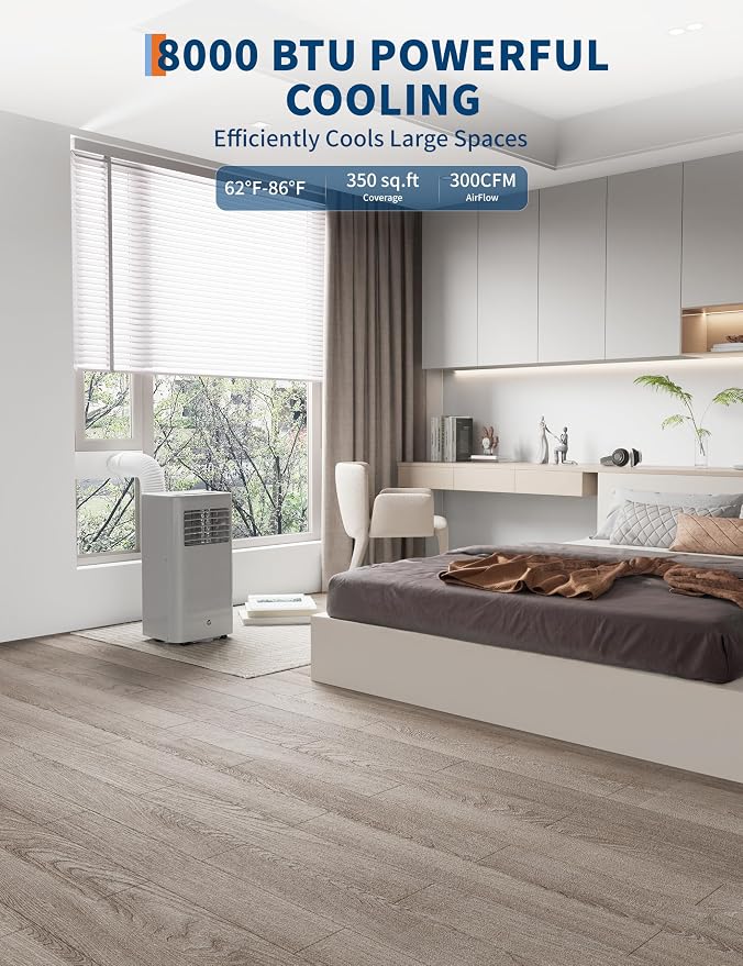 8000 BTU Portable Air Conditioner 3 Speeds & Sleep Mode, 3 in-1 Cooling AC Portable Air Conditioner for Room, Standing Air