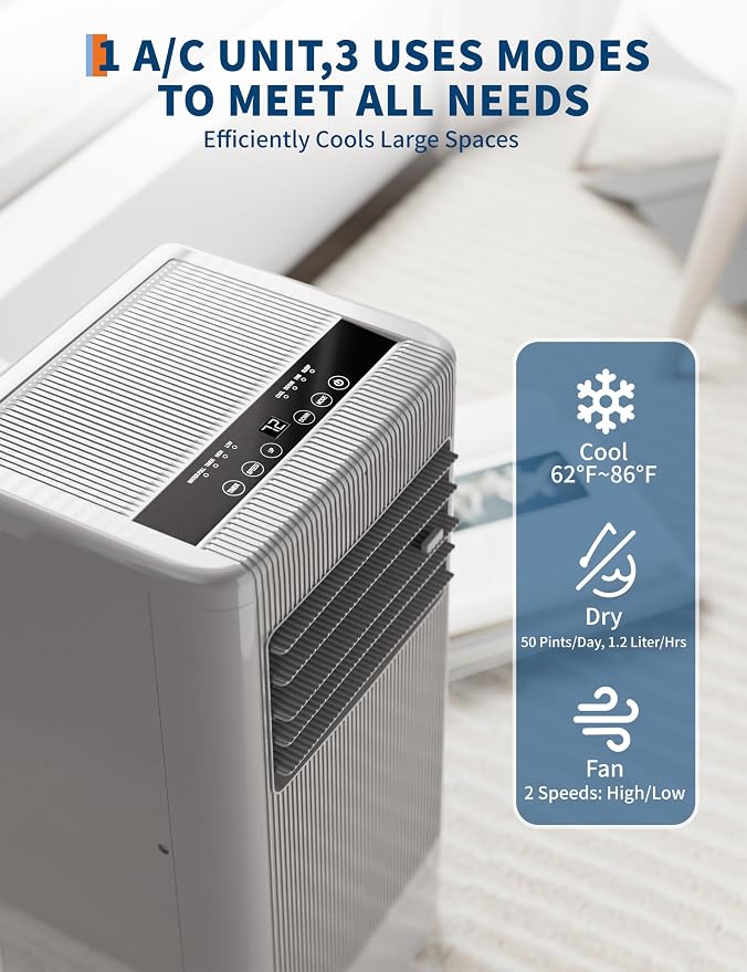 8000 BTU Portable Air Conditioner 3 Speeds & Sleep Mode, 3 in-1 Cooling AC Portable Air Conditioner for Room, Standing Air