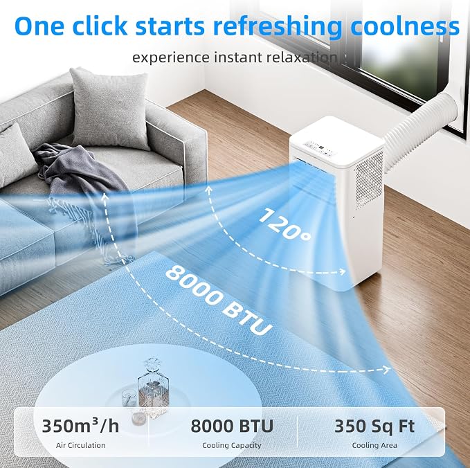 8000 BTU Portable Air Conditioner, 4-in-1 AC Unit with Cooling, Dehumidifier & Fan Modes, Sleep Mode, 24H Timer & Remote