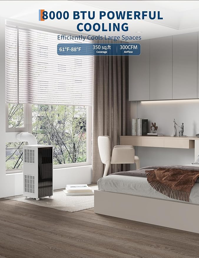 8000 BTU Portable Air Conditioner, 4-in-1 AC Unit with Dehumidifier, Fan and Sleep Mode, Quiet 45dB Cooling for 350 Sq.Ft