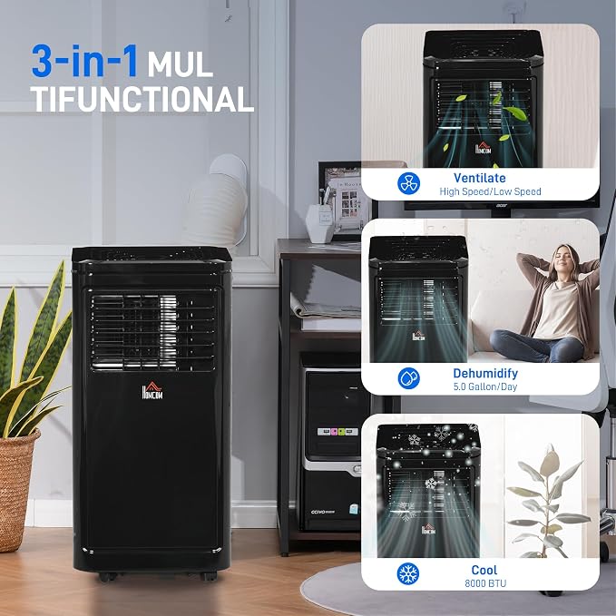 8000 BTU Portable Air Conditioner, for Rooms Up to 344 Sq. Ft., 3-in-1 Portable AC Unit with Dehumidifier, Cooling Fan