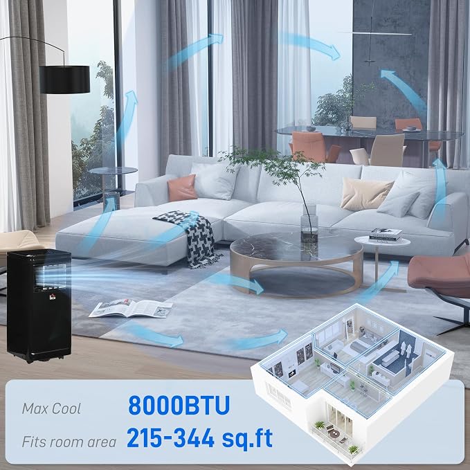 8000 BTU Portable Air Conditioner, for Rooms Up to 344 Sq. Ft., 3-in-1 Portable AC Unit with Dehumidifier, Cooling Fan