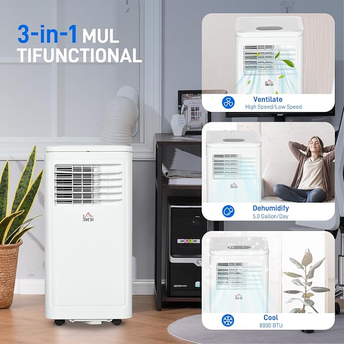 8000 BTU Portable Air Conditioner, for Rooms Up to 344 Sq. Ft., 3-in-1 Portable AC Unit with Dehumidifier, Cooling Fan