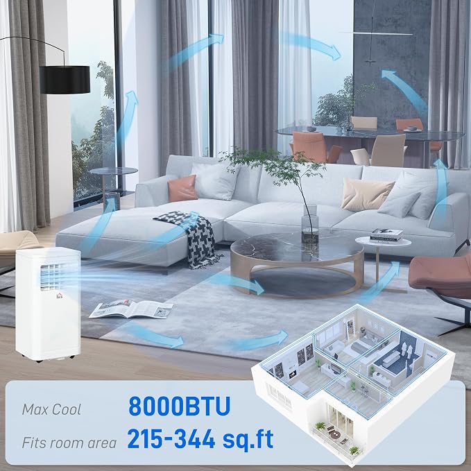 8000 BTU Portable Air Conditioner, for Rooms Up to 344 Sq. Ft., 3-in-1 Portable AC Unit with Dehumidifier, Cooling Fan