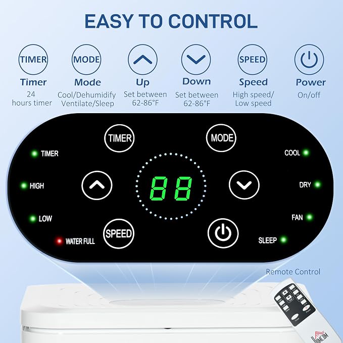 8000 BTU Portable Air Conditioner, for Rooms Up to 344 Sq. Ft., 3-in-1 Portable AC Unit with Dehumidifier, Cooling Fan