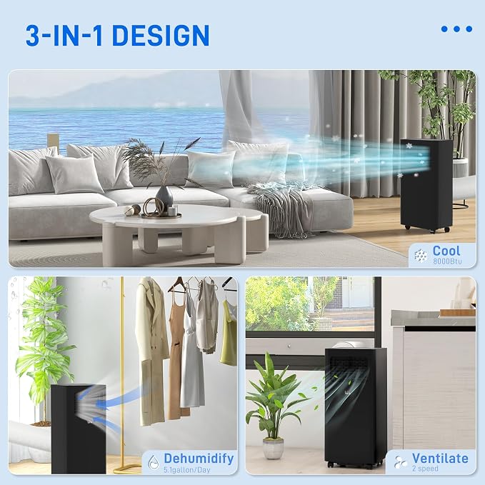 8000 BTU Portable Air Conditioner for Rooms Up to 345 Sq. Ft., 3-in-1 AC Unit with Dehumidifier, Cooling Fan, Sleep, Remote