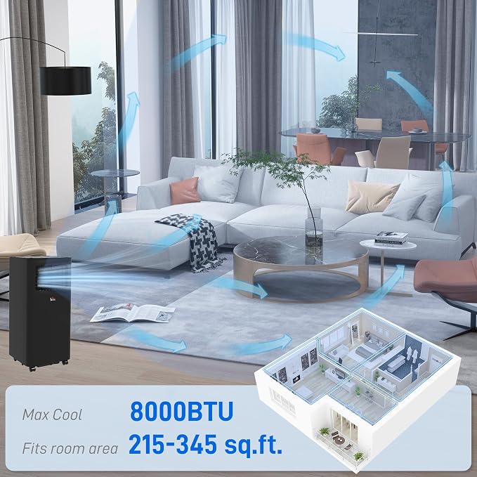 8000 BTU Portable Air Conditioner for Rooms Up to 345 Sq. Ft., 3-in-1 AC Unit with Dehumidifier, Cooling Fan, Sleep, Remote