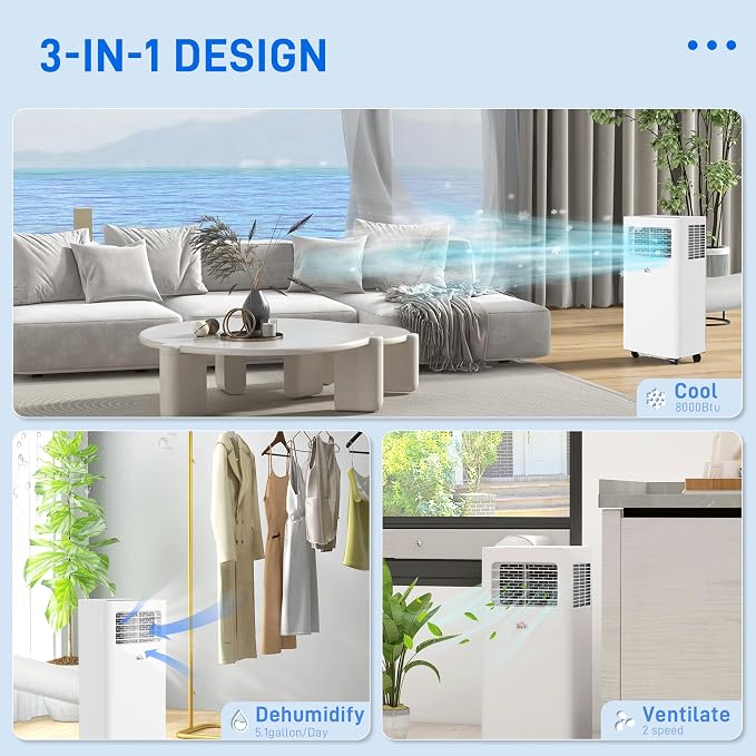 8000 BTU Portable Air Conditioner for Rooms Up to 345 Sq. Ft., 3-in-1 AC Unit with Dehumidifier, Cooling Fan, Sleep, Remote
