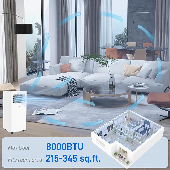 8000 BTU Portable Air Conditioner for Rooms Up to 345 Sq. Ft., 3-in-1 AC Unit with Dehumidifier, Cooling Fan, Sleep, Remote