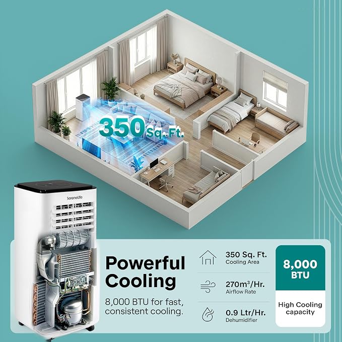 8000 BTU Portable Air Conditioner with Heat, Compact 4-in-1 Portable AC & Heater for Room Up to 350 Sq Ft with Dehumidifier &
