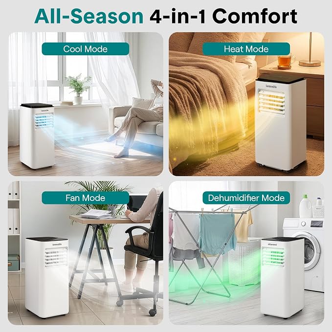 8000 BTU Portable Air Conditioner with Heat, Compact 4-in-1 Portable AC & Heater for Room Up to 350 Sq Ft with Dehumidifier &