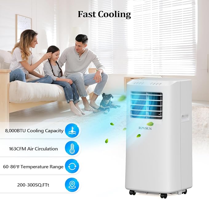 8000 BTU Portable Air Conditioner with Remote Control, 3-in-1 Room AC Unit, Fan & Dehumidifier with Digital Display, 24H
