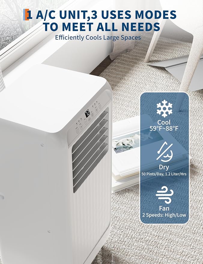 8000 BTU Portable Air Conditioners, 3 in-1 Quiet Portable AC Unit with Efficient Cooling, Remote Control, LED Touch Screen