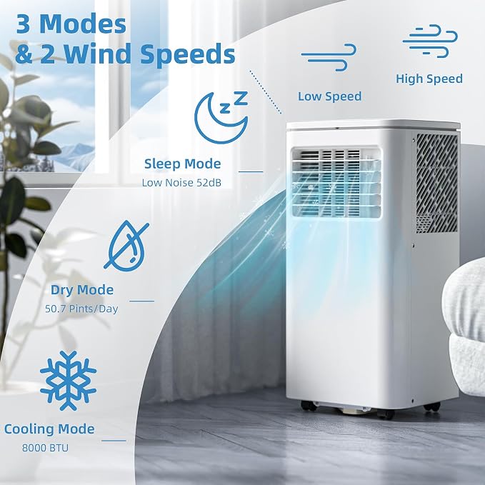8000 BTU Portable Air Conditioners for Room up to 350 Sq. Ft,4-IN-1 Portable ac Unit with Fan Function/Dehumidifier/Remote