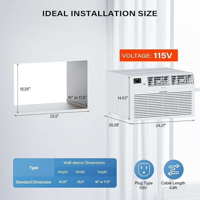 8000 BTU Through the Wall Air Conditioner with Remote Control, 3-in-1 Wall AC Unit, Dehumidifier & Fan with Timer for