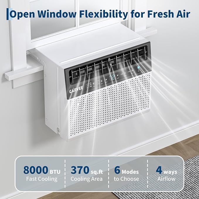 8000 BTU u-Shaped Window Air Conditioner, Cools 350 Sq ft, Ultra Quiet with Open Window Flexibility, Remote Control, Ideal