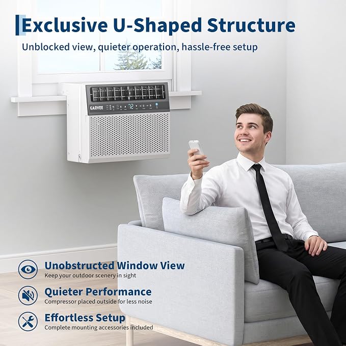 8000 BTU u-Shaped Window Air Conditioner, Cools 350 Sq ft, Ultra Quiet with Open Window Flexibility, Remote Control, Ideal