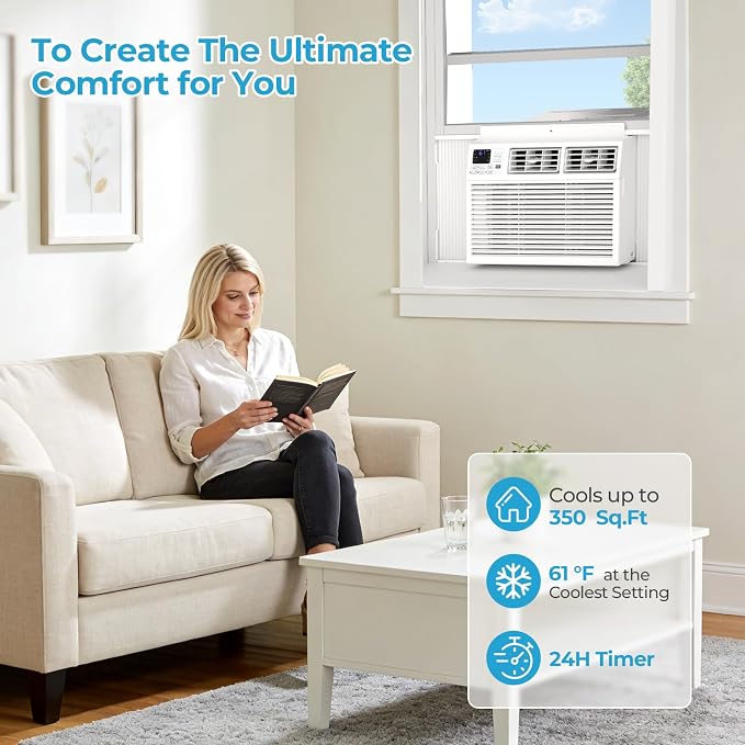 8000 Btu Window Air Conditioner,AC Window Unit Up to 350 Sq.Ft,24H Timer,Remote Control,Easy Install,Air Conditioner for