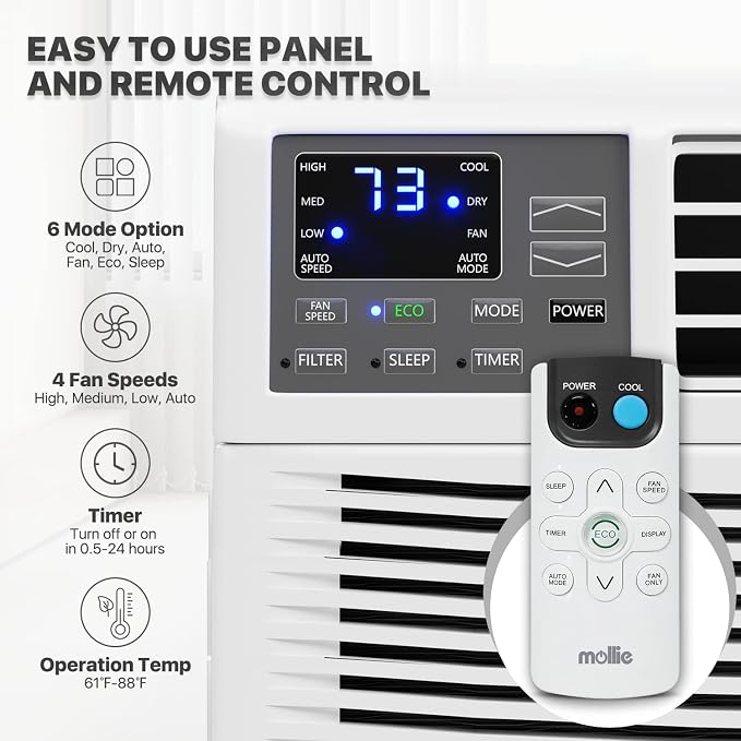 8000 BTU Window Air Conditioner, ac window unit with Remote & Washable Filter, Dehumidifier, Fan, Cools Up to 350 Square