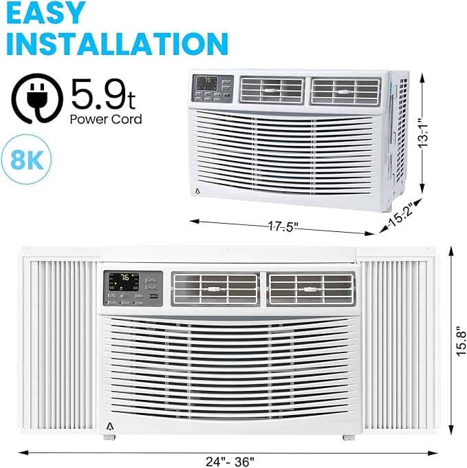 8000 BTU Window Air Conditioner, Window AC Unit 115V Cools Up to 350 Sq.Ft, Energy Saving with Remote & App Control & Timer