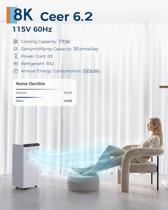 8000 BTUs Portable Air Conditioner,Up to 350 Sq.Ft. Remote Control 48dB Portable AC Unit, Dehumidifier, Fan, Sleep, alternate