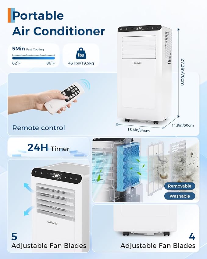8000 BTUs Portable Air Conditioner,Up to 350 Sq.Ft. Remote Control 48dB Portable AC Unit, Dehumidifier, Fan, Sleep, alternate