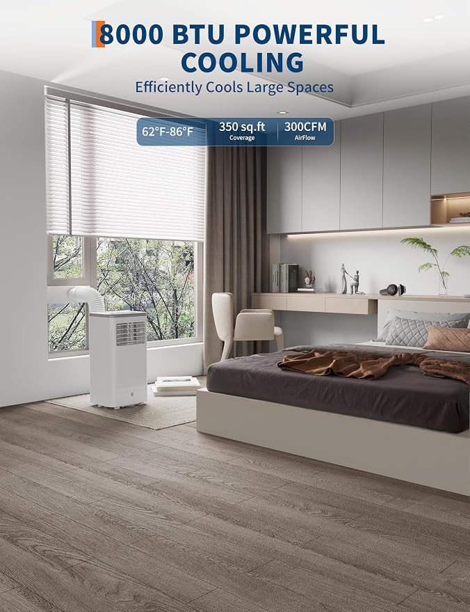 8000 BTUs Portable Air Conditioners, Room Air Conditioner with Remote Control, 3 in-1 Stand Up AC Cooling, Built In