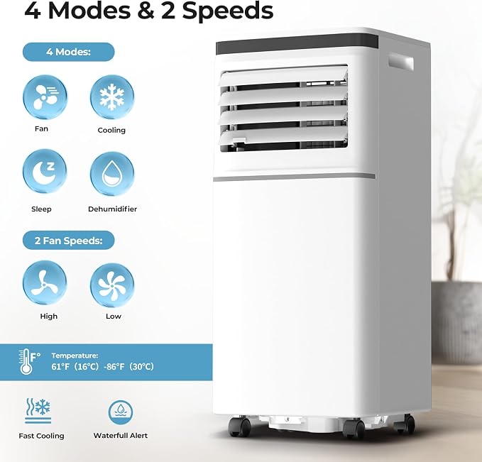 8000BTU Portable Air Conditioner 3-in-1 with 24H Timer,Sleep Mode, Dehumidifier, 2 Fan Speeds, Fast Cooling AC Unit with