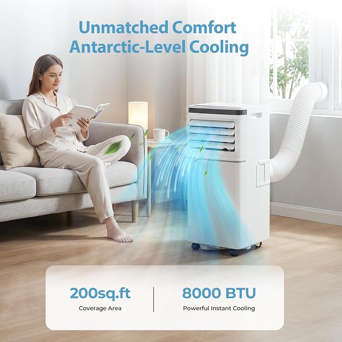8000BTU Portable Air Conditioner 3-in-1 with 24H Timer,Sleep Mode, Dehumidifier, 2 Fan Speeds, Fast Cooling AC Unit with
