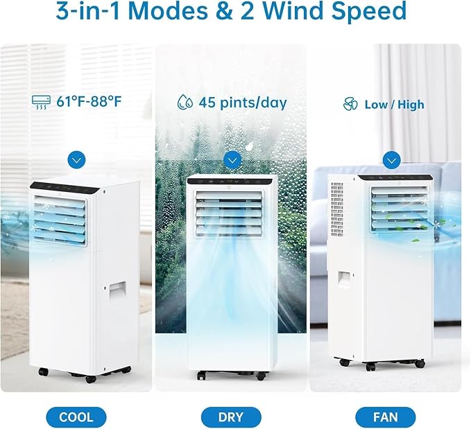 8000BTU Portable Air Conditioner, Cools Rooms Up to 350 Sq.Ft with Portable AC Remote Control, Adjustable Cold Wind Speeds