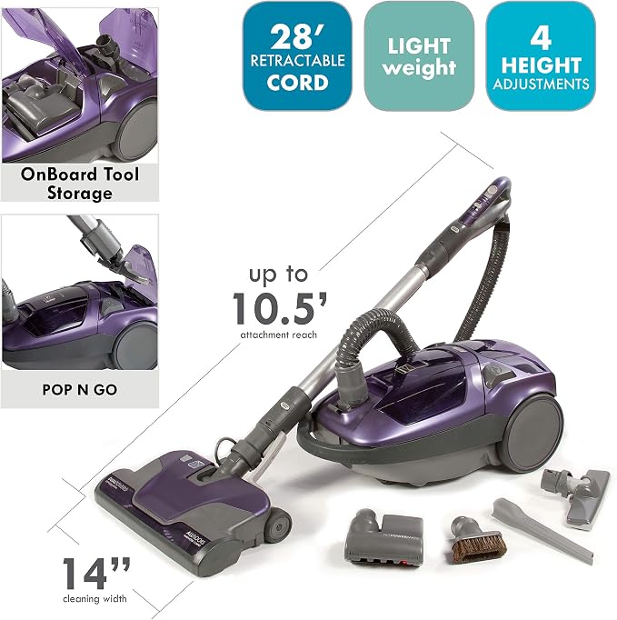 81614 600 Series Pet Friendly Lightweight Bagged Canister Vacuum with Pet PowerMate, Pop-N-Go Brush, 2 Motors, HEPA, Aluminum