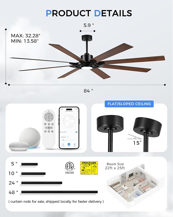 84 Inch Ceiling Fan,Large Indoor Outdoor Ceiling Fan for High Ceilings,Covered Patio & Garage,Smart Ceiling Fan Compatible
