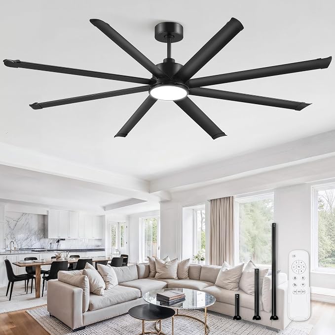 84 Inch Ceiling Fans with Lights, Indoor/Outdoor Industrial Ceiling Fan with 8 Aluminum Reversible Blade, Quiet DC Motor