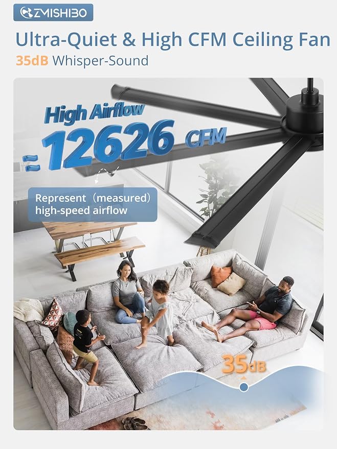 84 Inch Ceiling Fans with Lights, Indoor/Outdoor Industrial Ceiling Fan with 8 Aluminum Reversible Blade, Quiet DC Motor